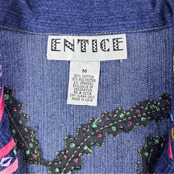 Vintage Y2K Entice Embroidered Dark Blue Denim Jean Jacket Blazer Hippie Medium - Picture 15 of 16
